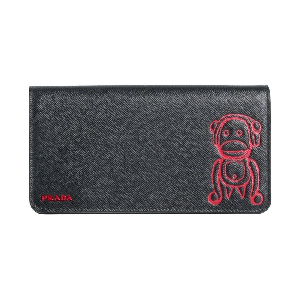 Prada Black Saffiano Leather Long Wallet with Red Monkey Motif